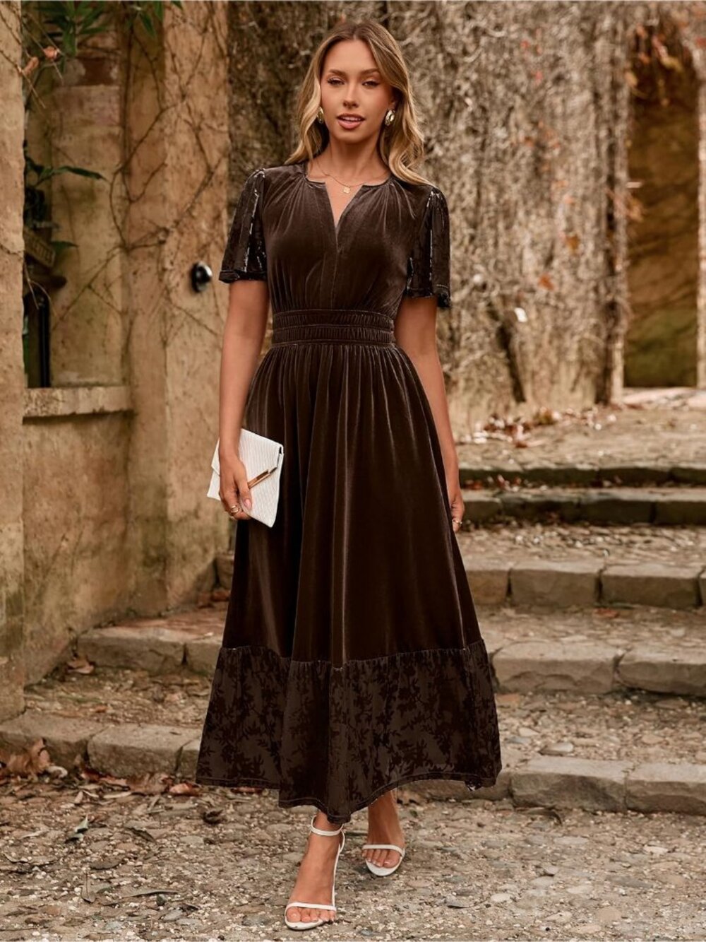 🆕 Women's Brown Short Sleeve V Neck Formal Velvet Empire Waist Maxi Dress - Picture 2 of 6